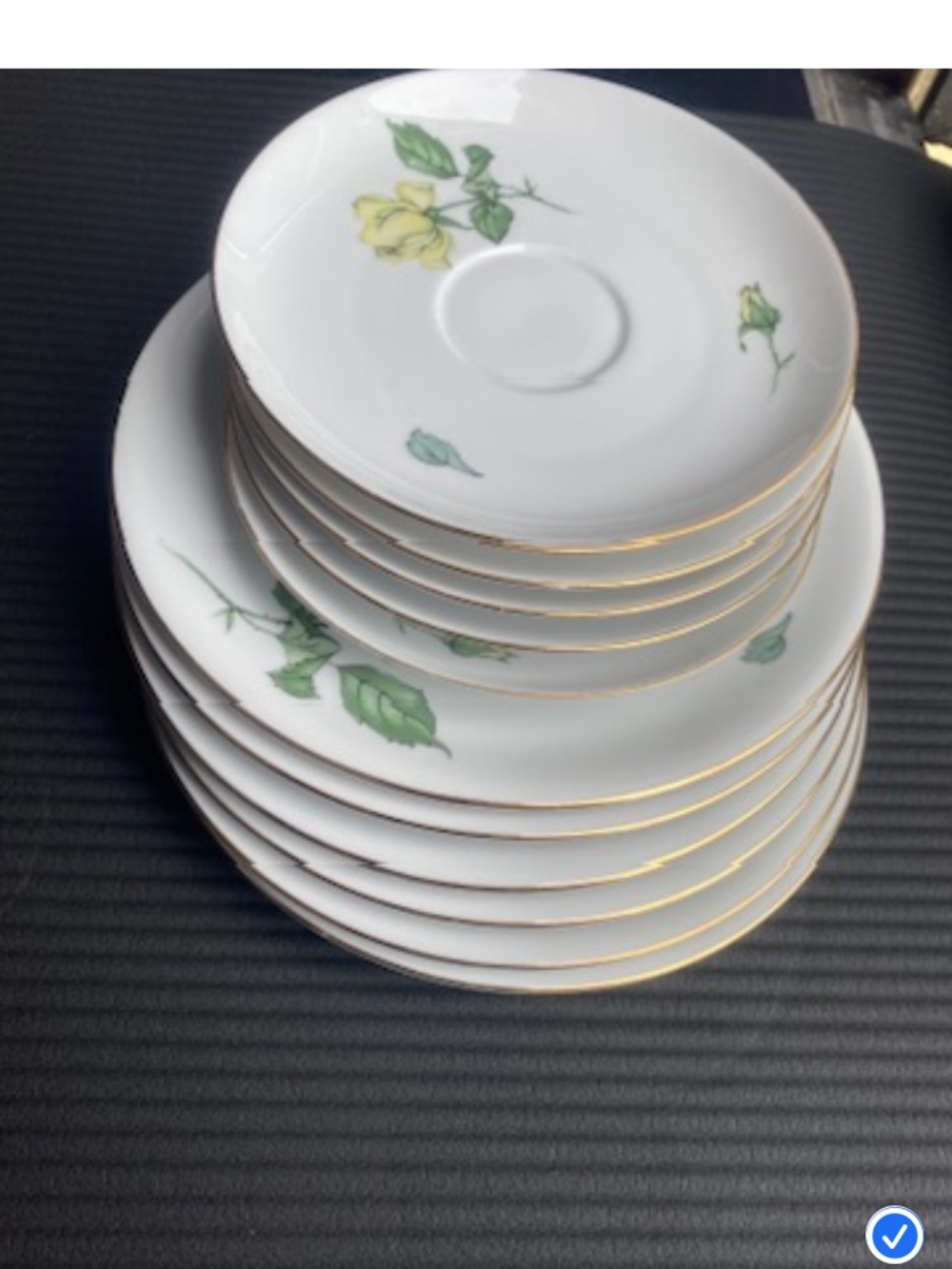 KPM vintage Germany plate/suacer Set with Yellow Rose and Gold Trim (11 Total)